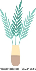 Simple illustration of three elegant stylized green leaves growing in a simple decorative vase with a beige and light yellow body, isolated on a white background