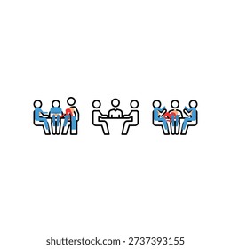 Simple illustration of three groups of people seated in rows