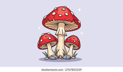 A simple illustration of three red mushrooms with white spots, set against a light purple background.