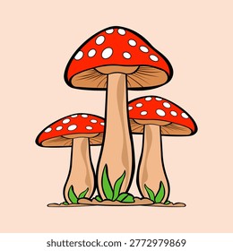 A simple illustration of three red mushrooms with white spots growing on the ground