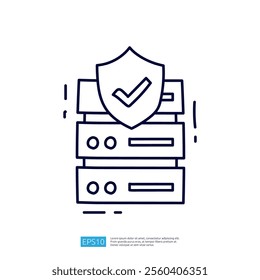 A simple illustration of three server racks with a shield featuring a check mark, symbolizing data security and protection.