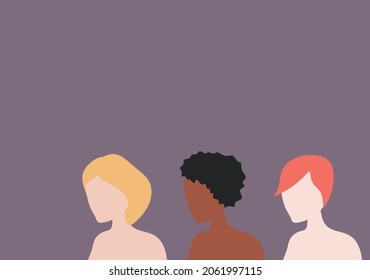 Ilustración simple de tres siluetas de mujer llana cara con piel y peinado diferentes también con algo de espacio de copia