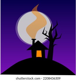 Simple Illustration Of Tiny House Sillhouette With Full Moon Background For Helloween Concept