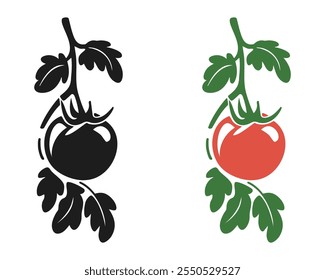 A simple illustration of a tomato on the vine, in both black and red.