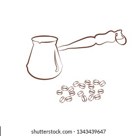 Simple illustration of a traditional coffee pot and coffee beans. Brown cezve silhouette isolated on white background. Contour emblem. Vector card for coloring or menu design for cafe or bakery.