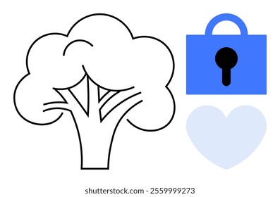 Simple illustration of a tree, blue lock and heart. Ideal for environmental conservation, security, love and care, holistic wellness, eco-friendly initiatives. Minimalist, clean style