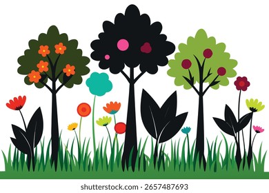 Uma ilustração simples de árvores com folhagem estilizada e flores coloridas em um prado gramado contra um fundo branco.