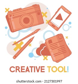 Simple illustration in trendy flat style with objects used in everyday life on bright orange background for use in design