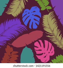 Simple illustration of tropical leaves of palm trees and monstera leaves