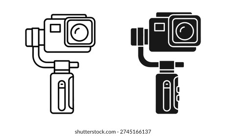 Simple illustration of two action cameras mounted on handles, depicted in outline and filled styles.