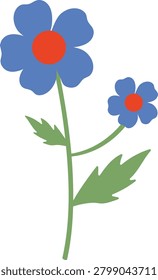 A simple illustration of two blue flowers with red centers on a green stem with leaves on a white background.