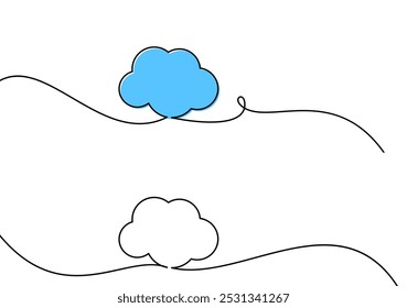 Simple illustration of two clouds, one blue and one white, connected by a continuous line. Minimalist design representing cloud computing, connection, or networking concepts.