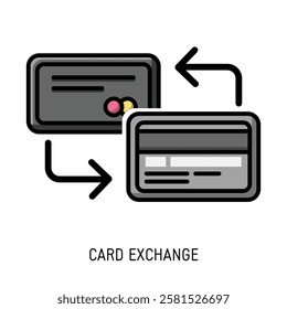 Simple illustration of two credit cards exchanging data online representing secure payment transfer Perfect for websites and apps