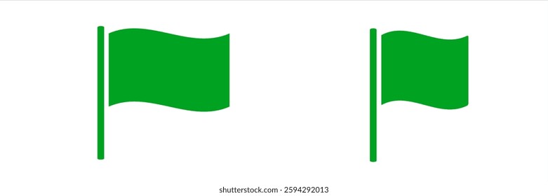 Simple illustration of two green flag icons standing on a white background, representing symbols or markers.