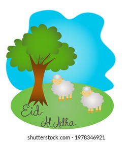 Simple illustration two lamb in yard  garden with one big tree with handwriting eid al adha