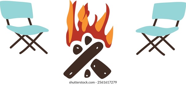 Simple illustration of two light teal folding chairs flanking a campfire.