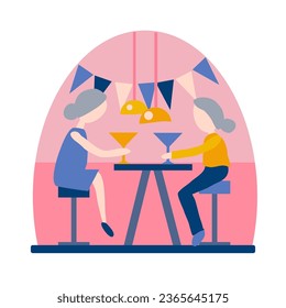 Simple illustration of two senior women having drink, in blue and pink tones. 