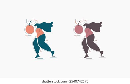 A simple illustration of two women running while holding apples in their hands.
