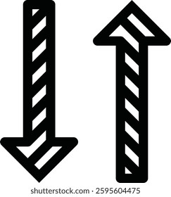 Simple illustration of upward and downward arrows symbolizing contrasting directions, choices, navigation, and movement in a clear and bold graphic format.