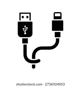 Simple illustration of a USB cable with a standard USB connector and a micro USB connector, symbolizing data transfer and device charging.