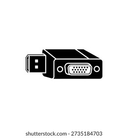Simple illustration of a USB to VGA adapter cable converter on white background, showcasing connectivity solution for digital devices.
