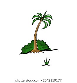 Design simples de vetor de ilustração de palmeiras e arbustos com grama verde e troncos de árvore marrom. Ideal para praia, tropical e temas de férias.