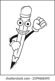 Simple illustration vector of smiling pencil. Cartoon icon of happy pencil. Black and white vector.