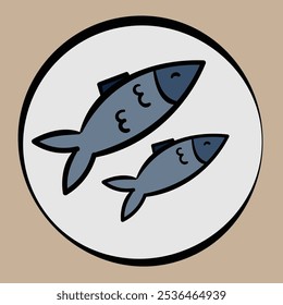 Simple illustration vector of two fish on a round white plate, outlined in black with minimal details,small fins, suitable for restaurant menu design element, good for fish shop sign and social media