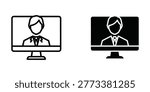 Simple illustration of a video call setup featuring two computer monitors displaying a professional man in silhouette on different screen backgrounds.