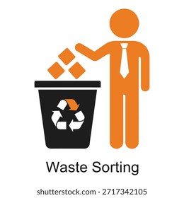 Ilustração simples da triagem de resíduos com pictograma e símbolo de reciclagem