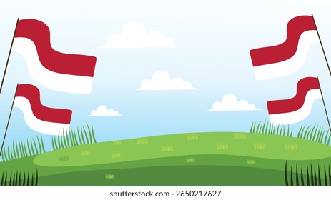 Ilustração simples de agitar bandeiras indonésias na grama verde para a celebração do Dia da Independência