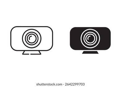 A simple illustration of a webcam icon, shown in both line art and solid black, isolated on a white background. Perfect for websites, apps, and presentations.