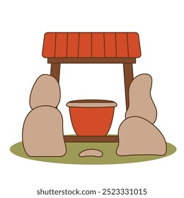 A simple illustration of a well with a pot, surrounded by stones on a grassy area.