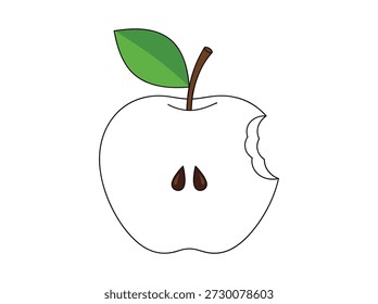Ilustração simples de uma maçã branca com uma mordida retirada e uma folha verde