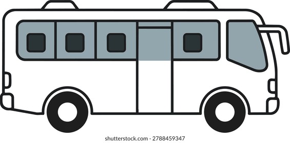A simple illustration of a white bus with grey windows and black tires, perfect for transportation or travel themes.