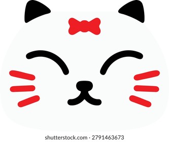 Simple illustration of a white cat face with black ears closed smiling eyes red whisker marks and a red bow.