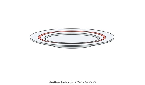 A simple illustration of a white ceramic dinner plate with a subtle red band around the rim presented from a slightly elevated side view on a white background