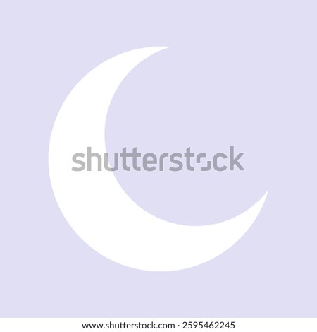 Simple illustration of a white crescent moon on a light purple background. The crescent moon is centered, creating a minimalist and serene design. Minimal illustration vector.