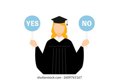 Simple illustration of a white female graduate in a graduation gown and square cap holding a yes-no stick, Vector Illustration