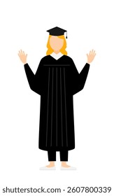 Simple illustration of a white female graduates in graduation gowns and square caps raising his hand in surprise, Vector Illustration
