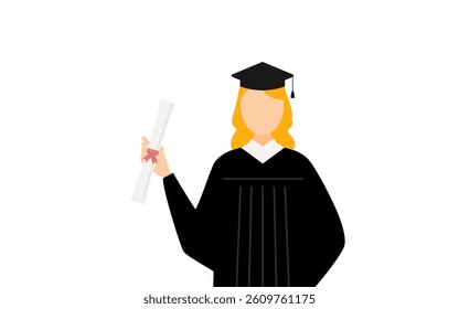 Simple illustration of a white female graduates in graduation gowns and square caps holding a diploma, Vector Illustration