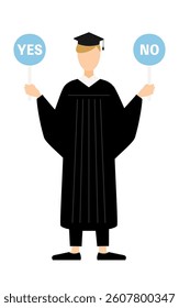 Simple illustration of a white male graduate in a graduation gown and square cap holding a yes-no stick, Vector Illustration
