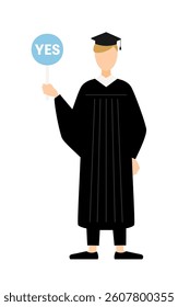 Simple illustration of a white male graduate in a graduation gown and square cap holding a yes-no stick, Vector Illustration