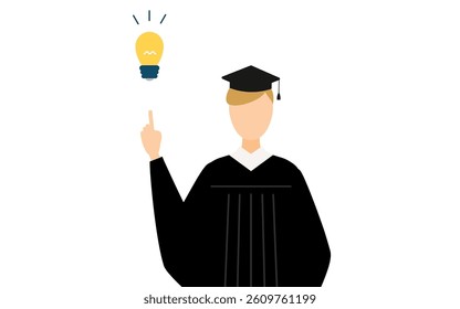Simple illustration of a white male graduates in graduation gowns and square caps inspiring ideas, Vector Illustration