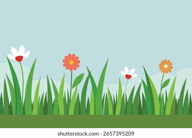 A simple illustration of white orange and red flowers growing in green grass under a light blue sky.