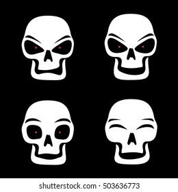 Simple illustration of white skull with red eyes who shows different emotion isolated on black background, grim Reaper face