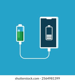 Simple illustration of a white smartphone charging with a full green battery icon on a blue screen