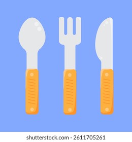 A simple illustration of a white spoon, fork, and knife with orange handles, arranged side-by-side on a light blue background.