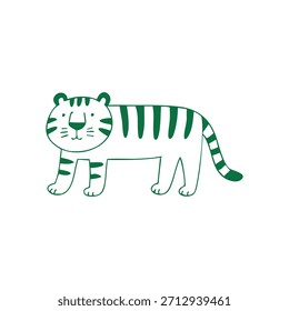 A simple illustration of a white tiger with green stripes stands against a white background.