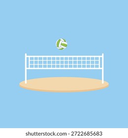Una simple ilustración de una red de voleibol blanca instalada en una cancha de arena con un voleibol en el aire contra un cielo azul.